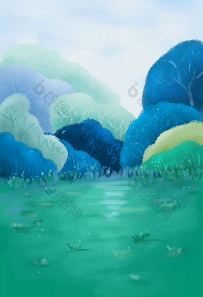 绿色风景草地森林手绘插画背景素材下载分层