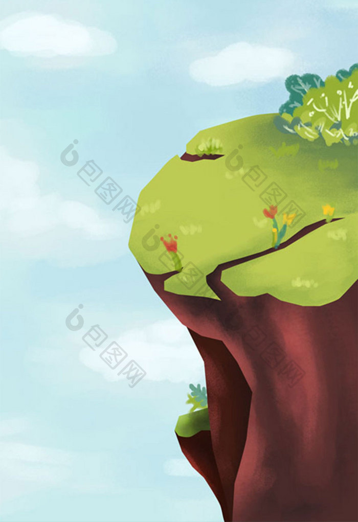 蓝天草地悬崖峭壁场景海报设计手绘插画背景