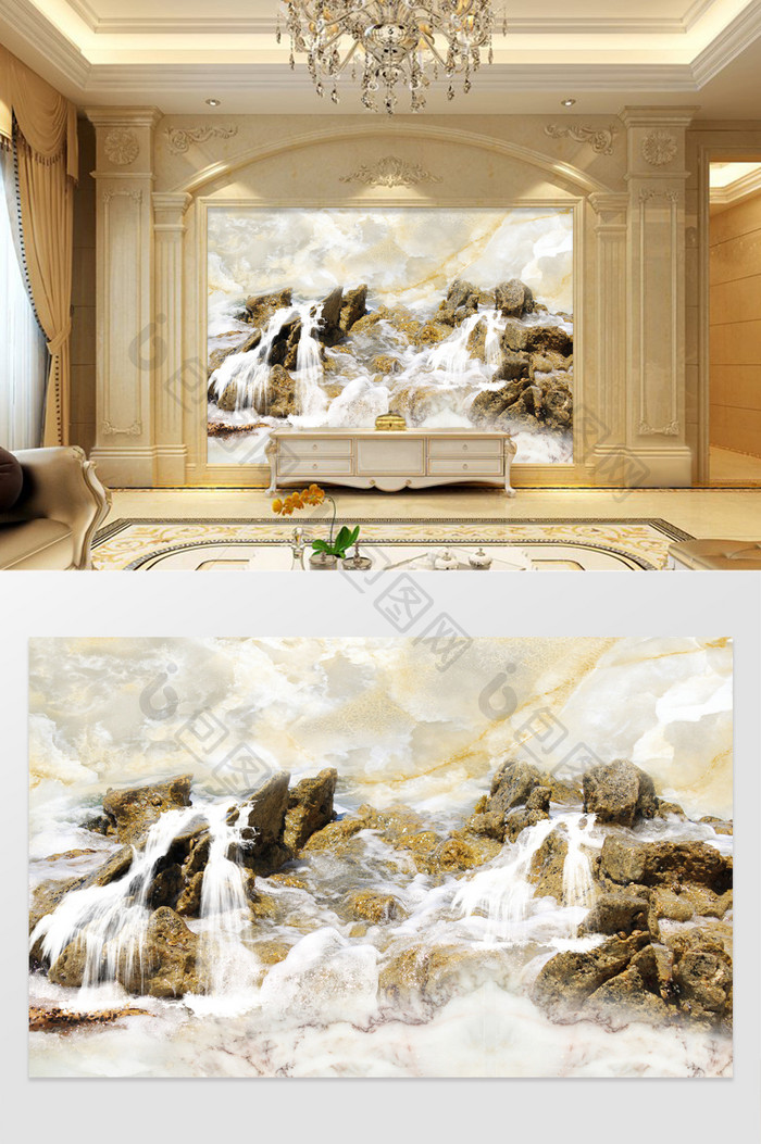 3D高清大理石岩石电视背景墙流水