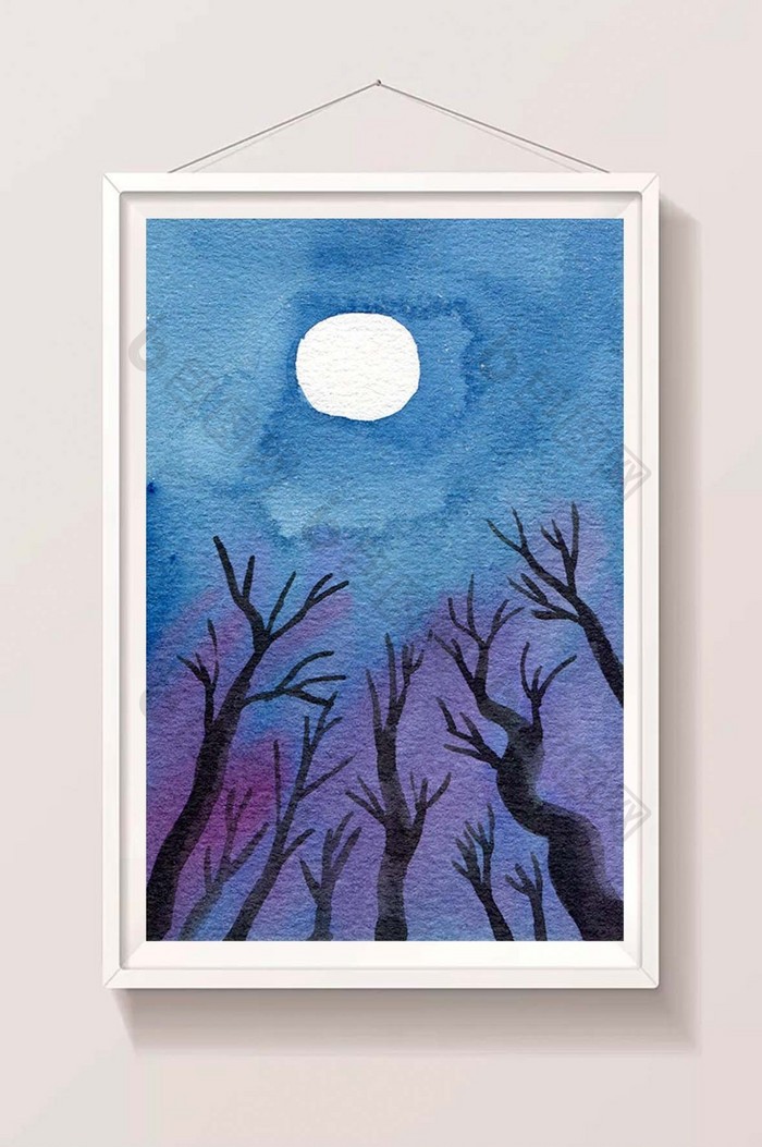 蓝色圆月夏日素材手绘背景风景清新水彩