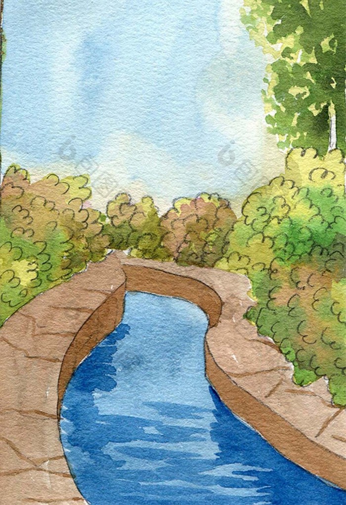 小河绿色蓝色夏日素材手绘背景风景清新水彩