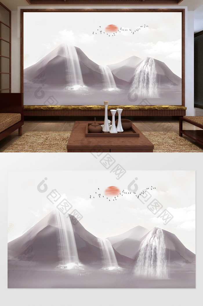 新中式山水意境风景背景墙日出