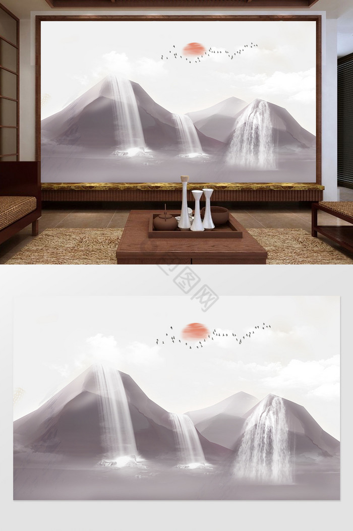 新中式山水意境风景背景墙日出图片