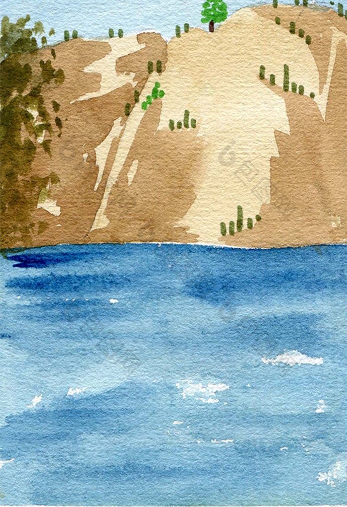 大坝蓝色夏日素材手绘背景风景清新水彩