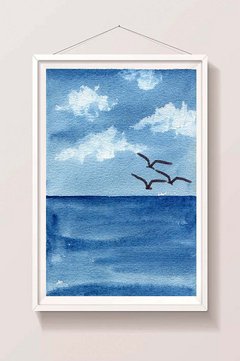 绿色海鸥蓝色夏日素材手绘背景风景清新水彩图片