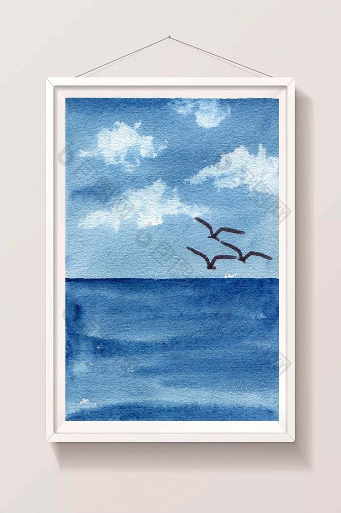 绿色海鸥蓝色夏日素材手绘背景风景清新水彩