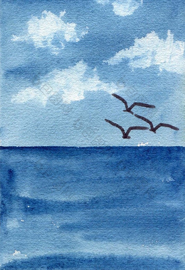 绿色海鸥蓝色夏日素材手绘背景风景清新水彩