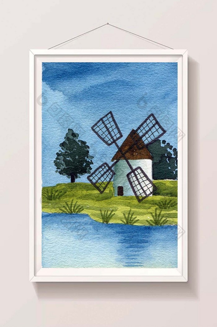 绿色蓝色风车夏日素材手绘背景风景清新水彩
