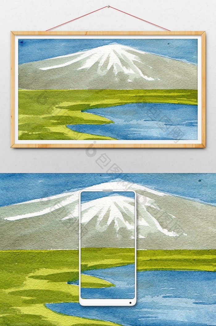 雪山湖泊蓝色夏日素材手绘背景风景清新水彩