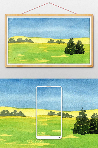蓝色夏日草原素材手绘背景风景清新水彩图片