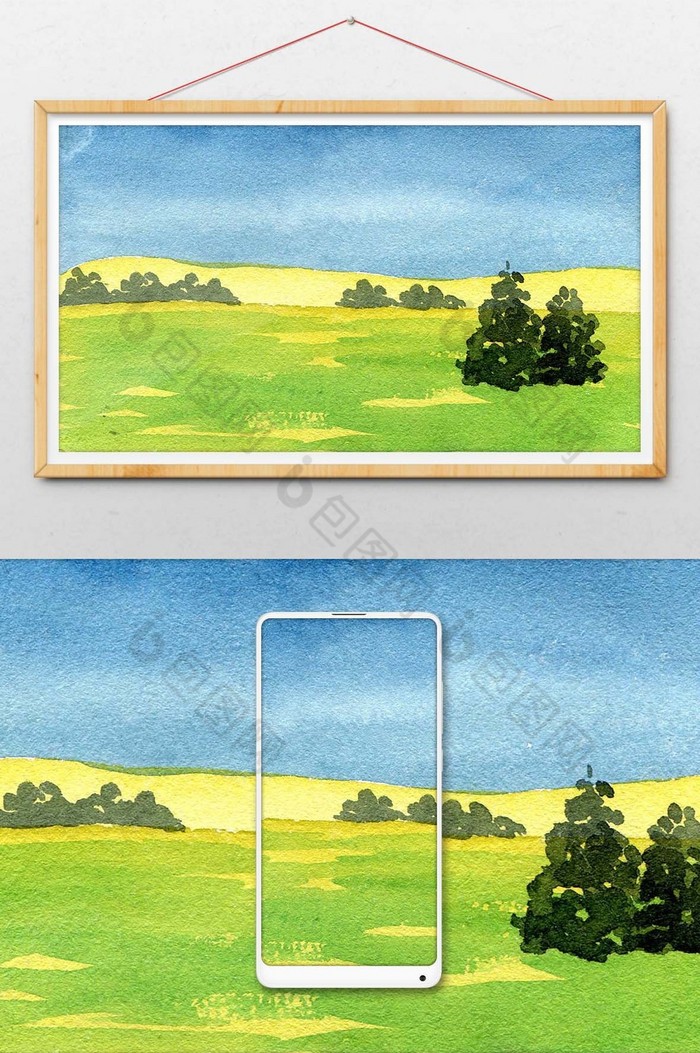蓝色夏日草原素材手绘风景清新水彩 图片下载 包图网