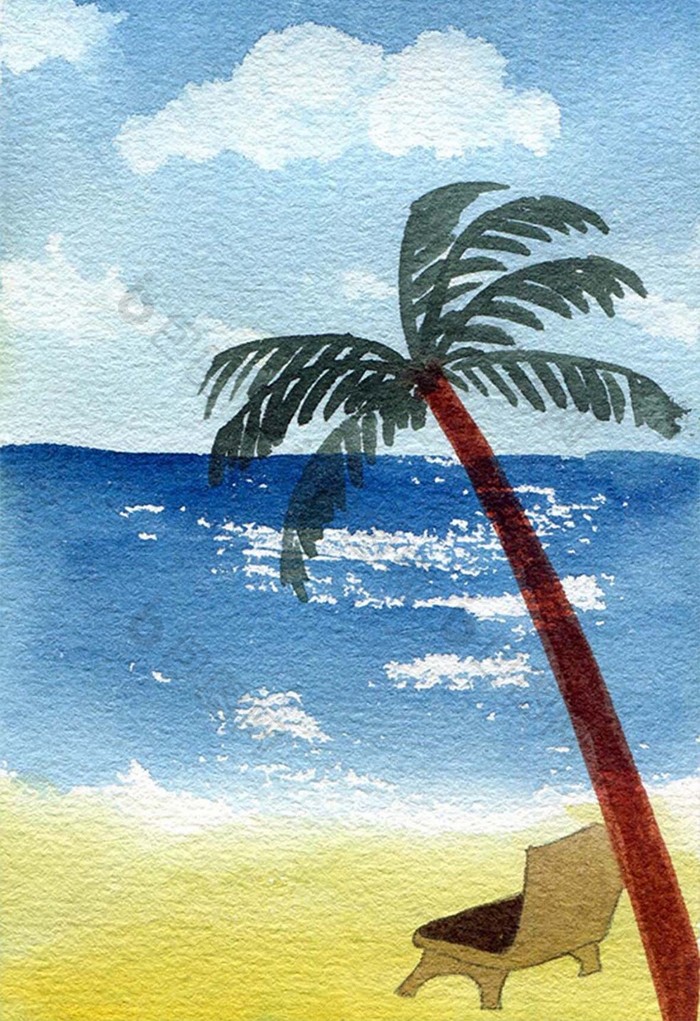 椰树蓝色夏日素材手绘背景风景清新水彩