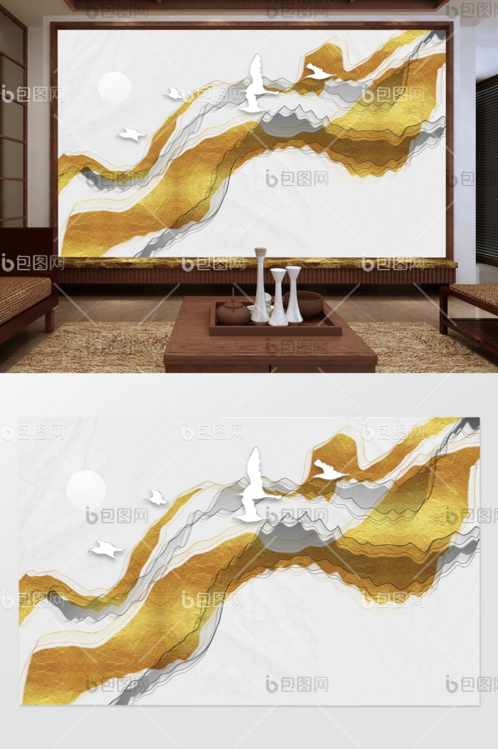 新中式抽象山水意境梦幻电视背景墙效果图-【包图网】