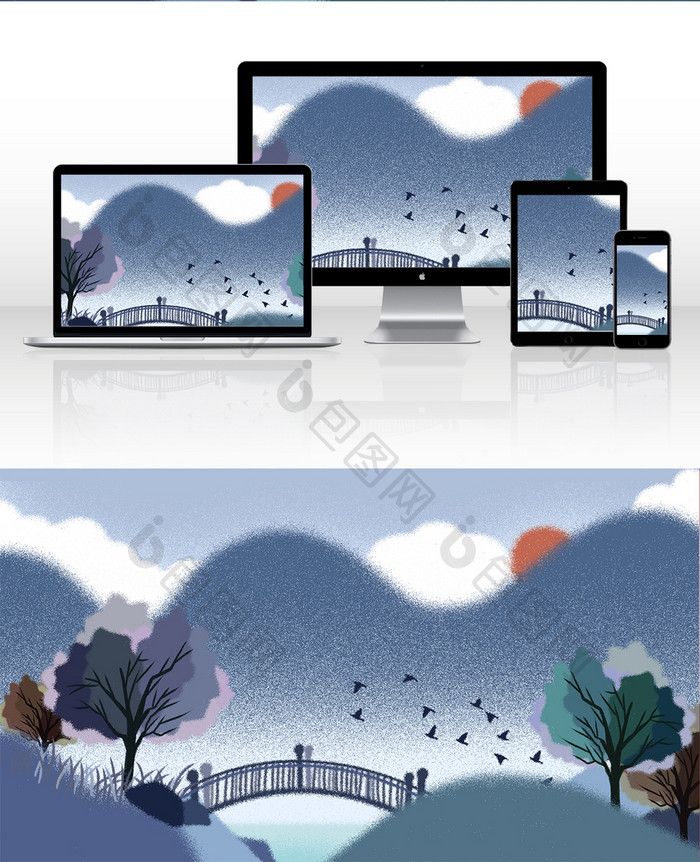 中国风水墨山水拱桥风景插画背景