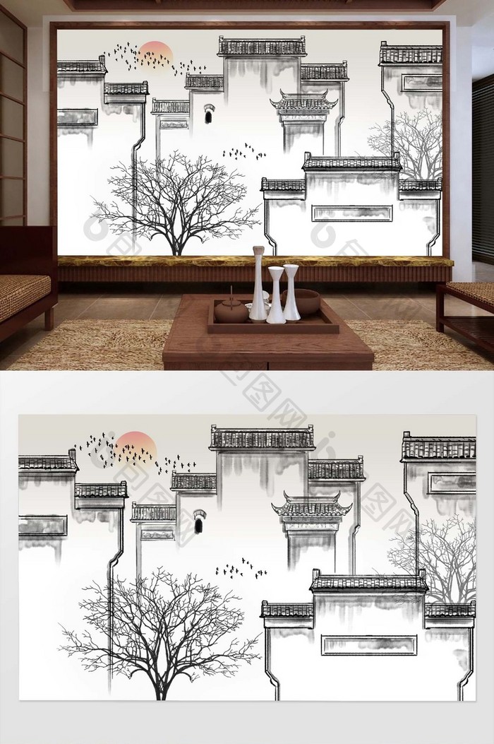 新中式手绘水墨江南徽派建筑背景墙