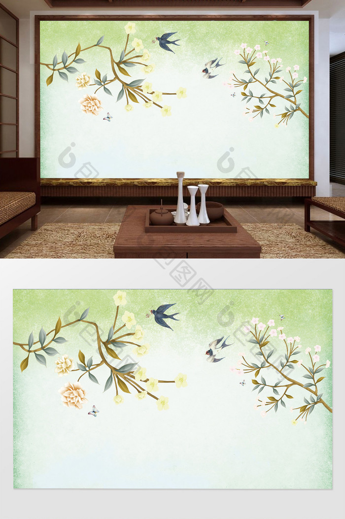 中式工笔花鸟水墨背景墙装饰背景