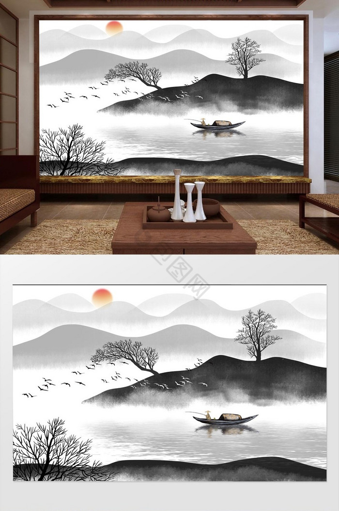 中式意境水墨山水画背景墙图片