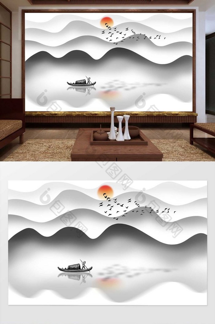 新中式现代抽象水墨山水画背景墙效果图-【包图网】