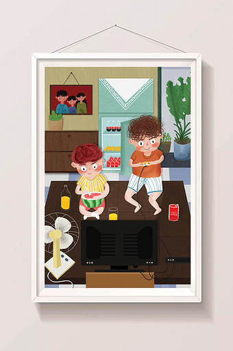 卡通清新暑假在家吃西瓜儿童插画图片