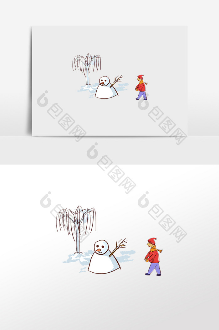 手绘卡通冬日堆雪人少年插画