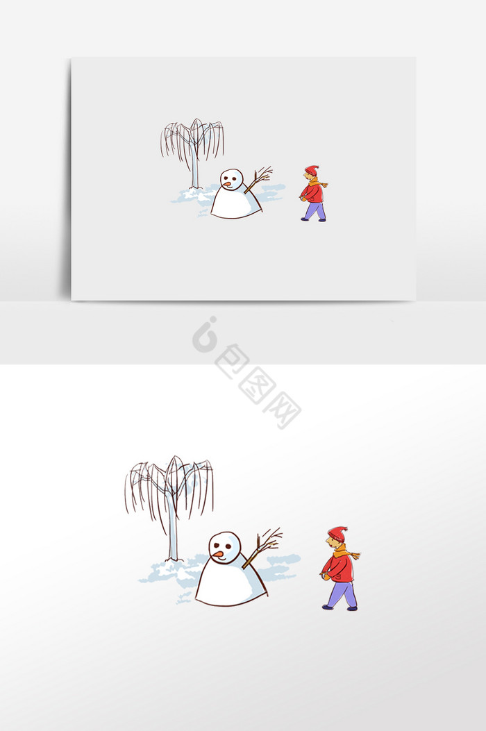 冬日堆雪人少年插画图片