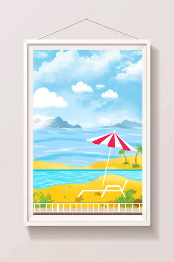 唯美小清新夏日海滩海绵太阳伞长椅休闲背景图片
