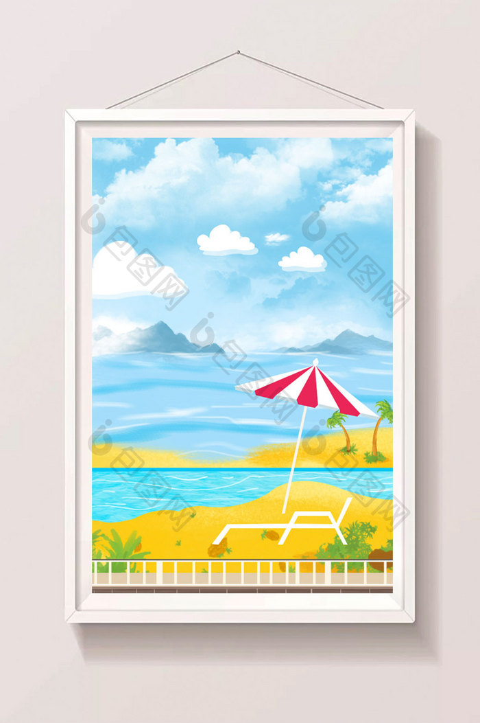 唯美小清新夏日海滩海绵太阳伞长椅休闲背景