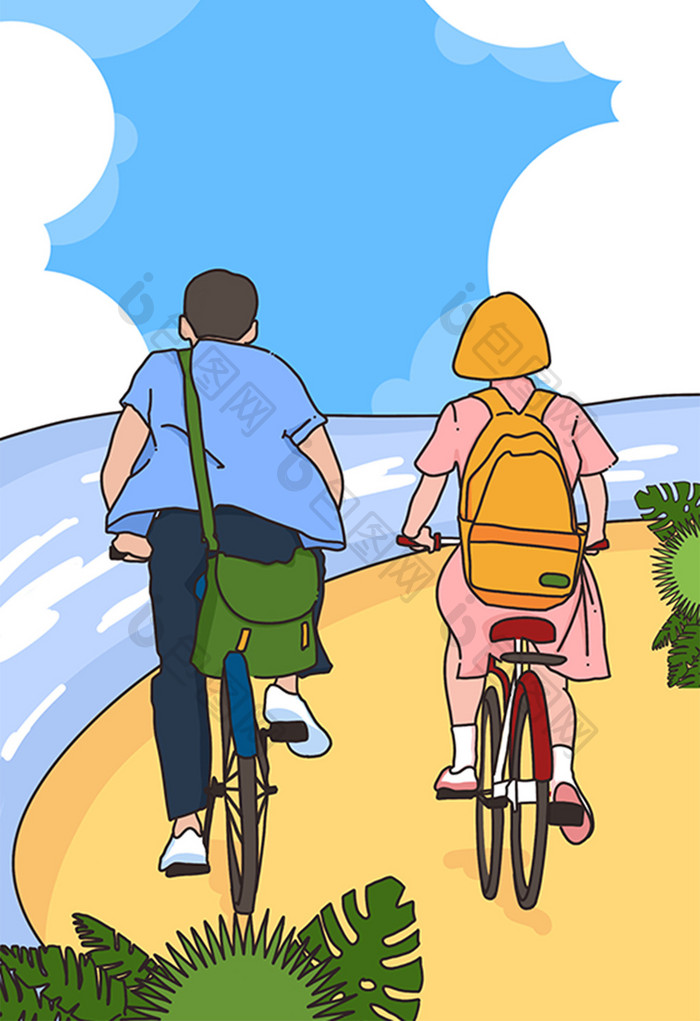 描线风骑单车踏青情侣插画