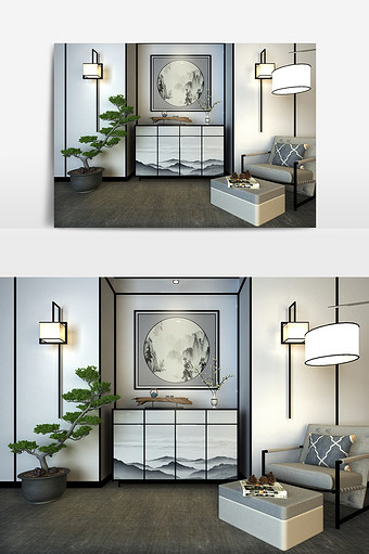 新中式端景柜壁灯休闲沙发盆景树组合3D模图片