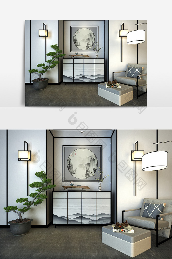 新中式端景柜壁灯休闲沙发盆景树组合3D模