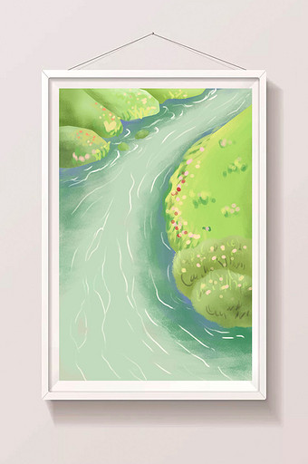 绿色夏季水流小溪卡通场景清新手绘插画背景图片