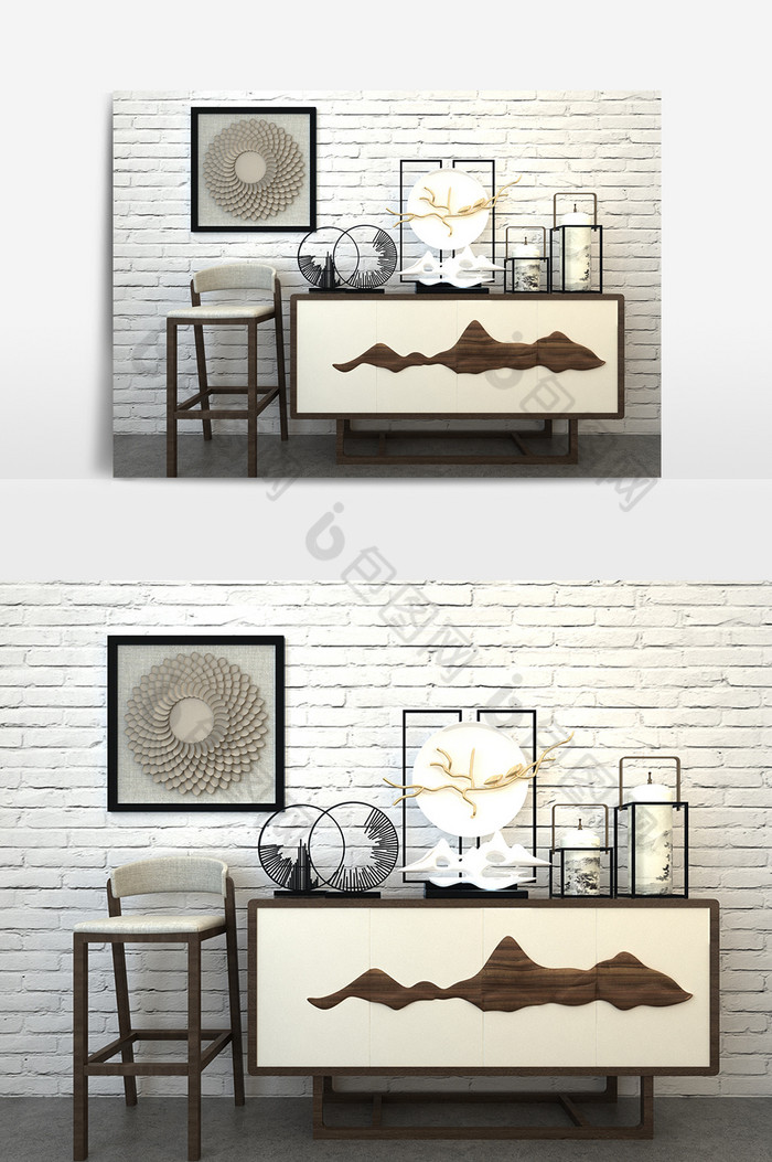 新中式端景柜吧台椅摆件挂画组合3D模型图片图片