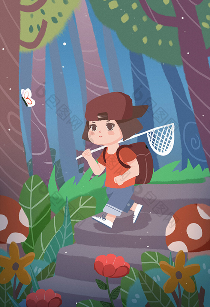 卡通暑期暑假郊外游树林小学生女孩游玩插画