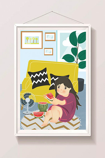 清馨室内女孩吃西瓜暑假生活插画图片