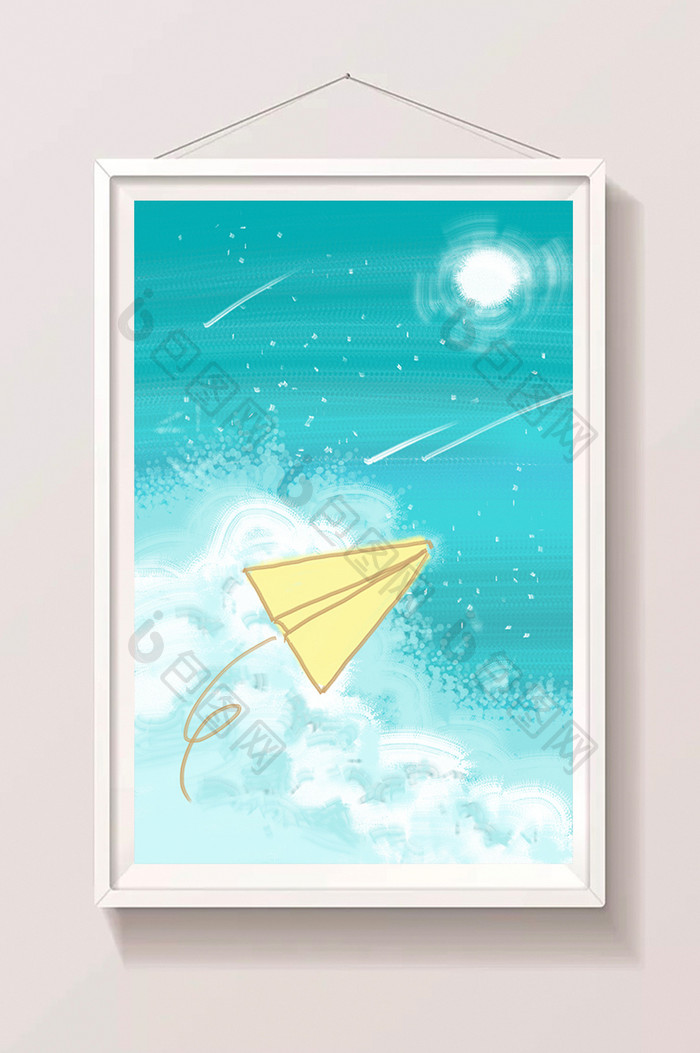 蓝色天空月色纸飞机卡通插画手绘背景插画