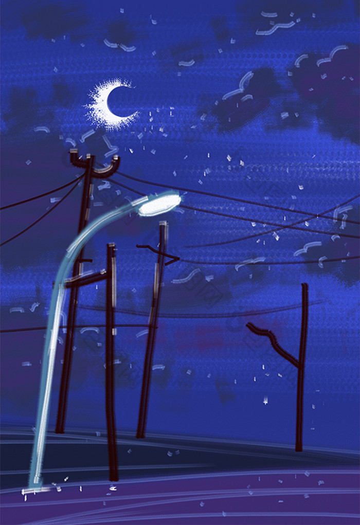 蓝色卡通背景月色路灯手绘插画背景素材