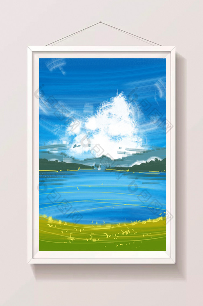 蓝色卡通手绘插画背景湖边手绘背景素材