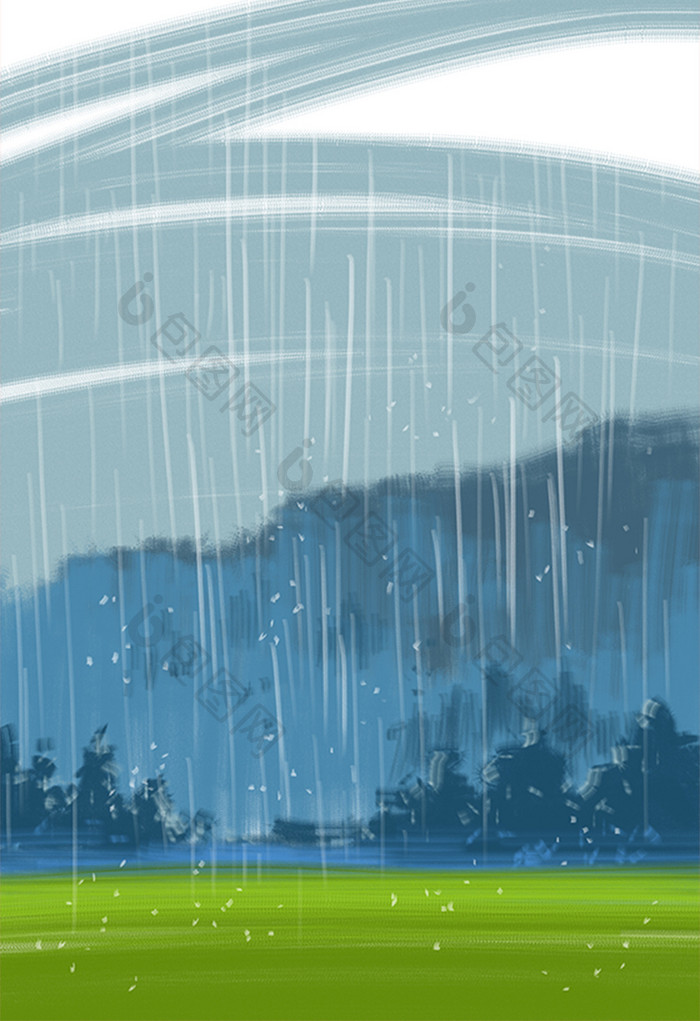 冷色手绘插画夏日雨天背景插画手绘素材