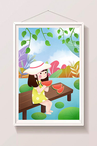 唯美清新小暑河边女孩吃瓜插画设计图片