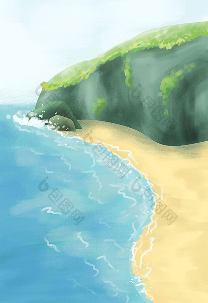 夏季清凉海水沙滩出游海报宣传手绘插画背景