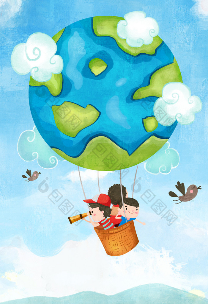 绿色背景儿童节热气球保护环境童趣插图