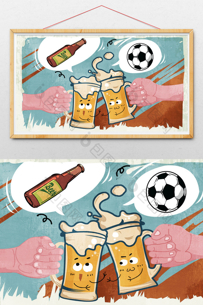 趣味矢量美式漫画风格啤酒与足球插画
