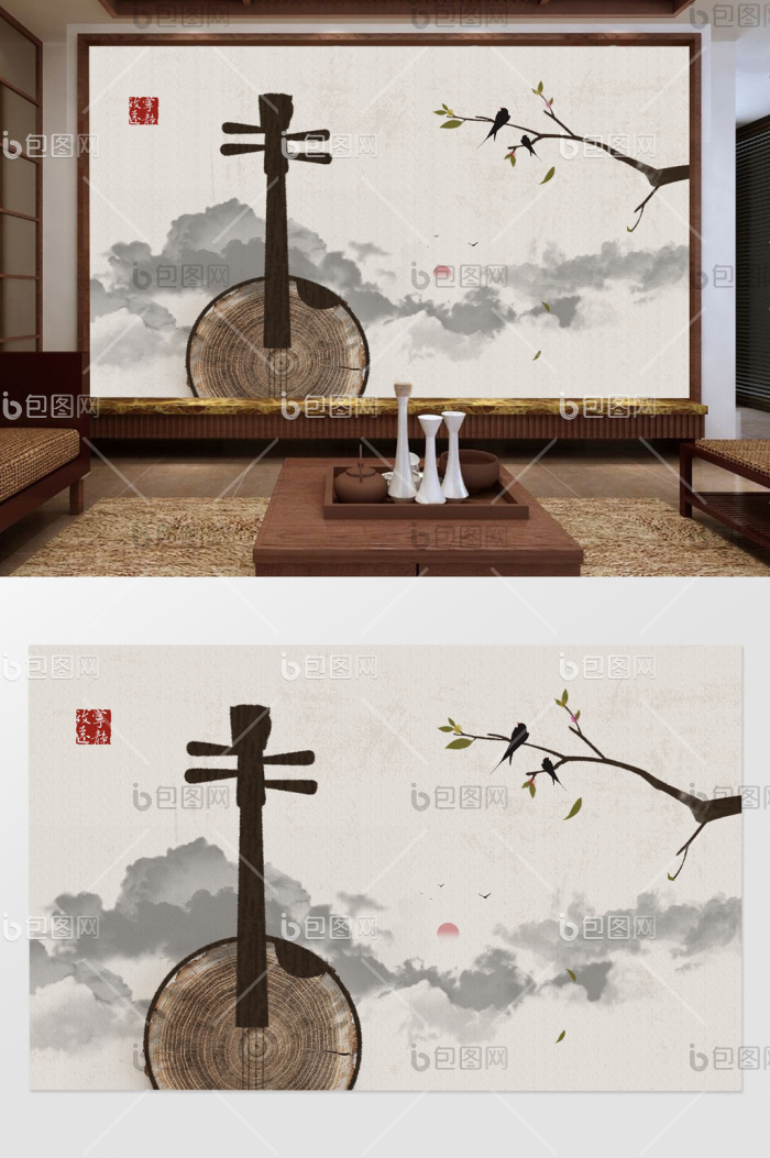 中式简约宁静致远传统水墨电视背景墙定制效果图-【包图网】