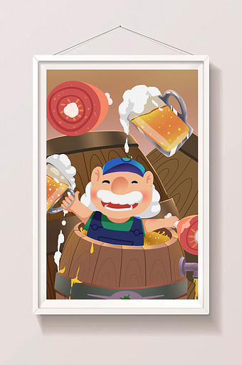 温馨棕色欢乐啤酒节酒桶老爷爷火腿插画图片