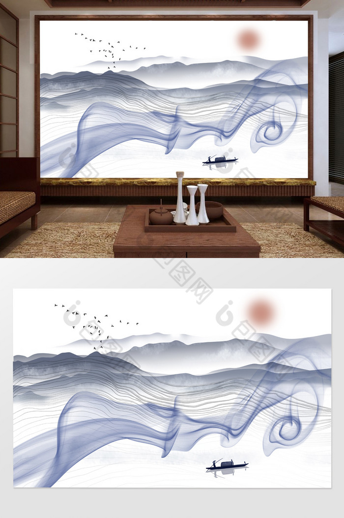 新中式山水水墨烟雾客厅电视背景墙图片图片