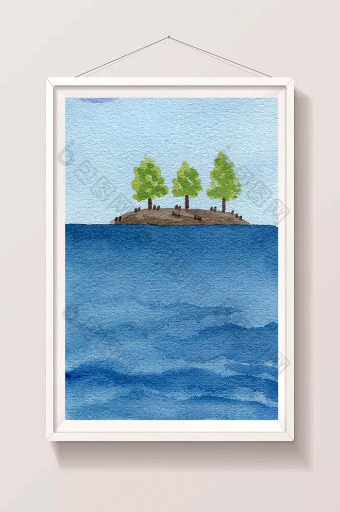 绿色蓝色夏日小岛素材手绘背景风景清新水彩