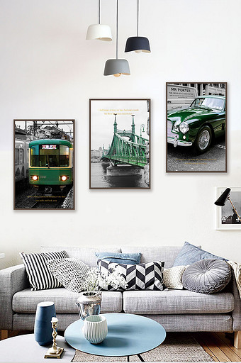 现代简约黑白绿汽车火车风景装饰画图片