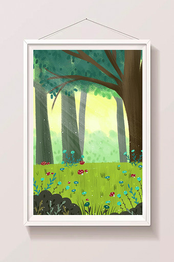 绿色系夏天清晨森林插画背景图片