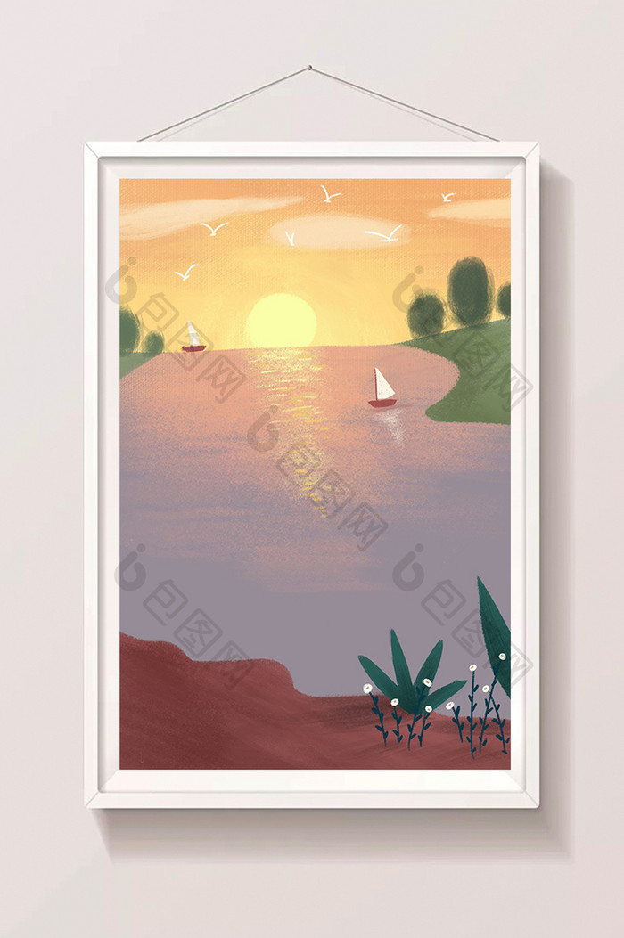 暖色系夏天夕阳下的湖面手绘插画背景