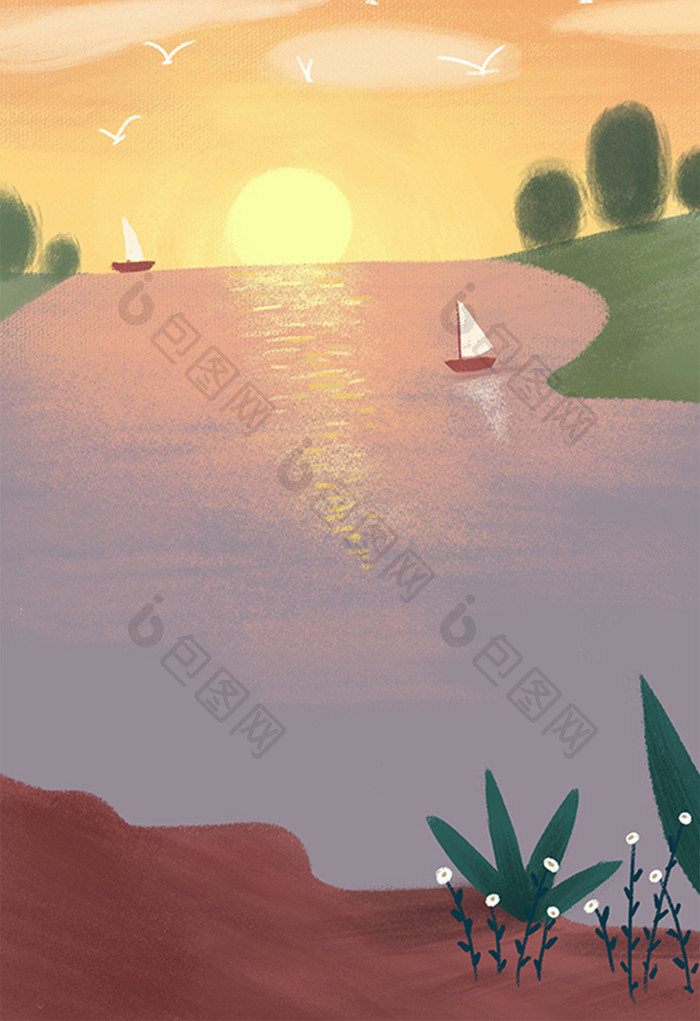 暖色系夏天夕阳下的湖面手绘插画背景